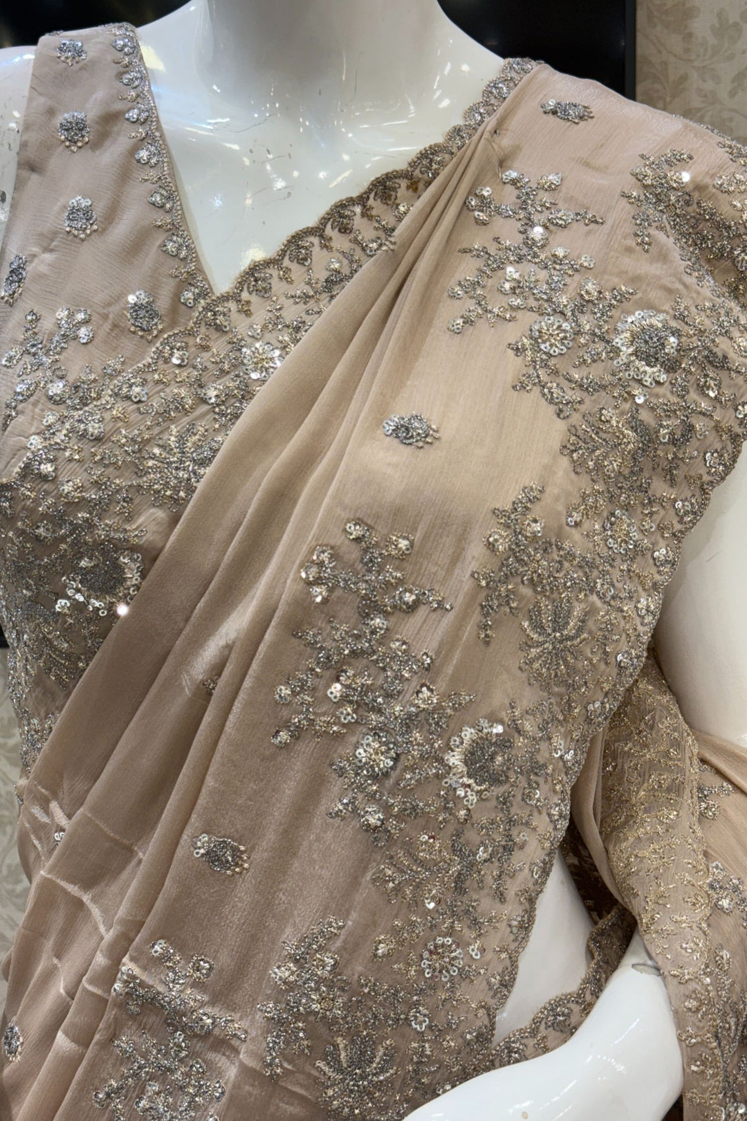 Beige Zari and Sequins work Saree