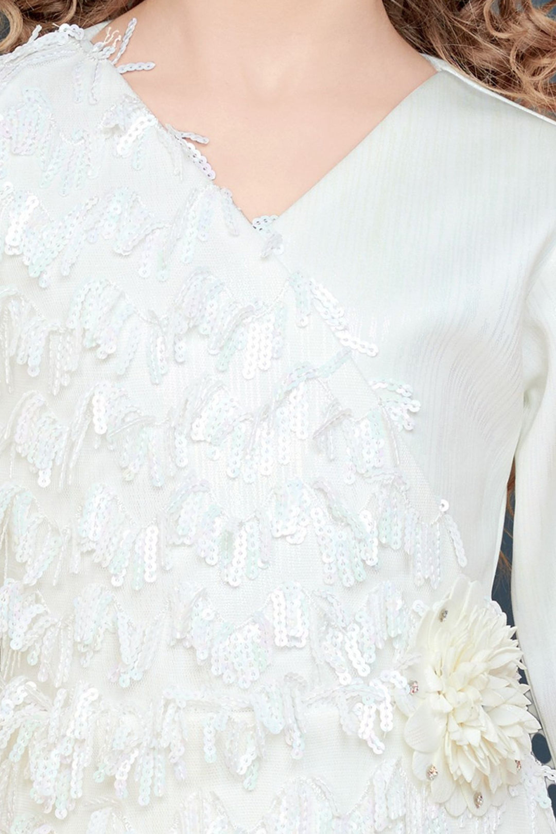 Half White Sequins work Partywear Short Frock for Girls