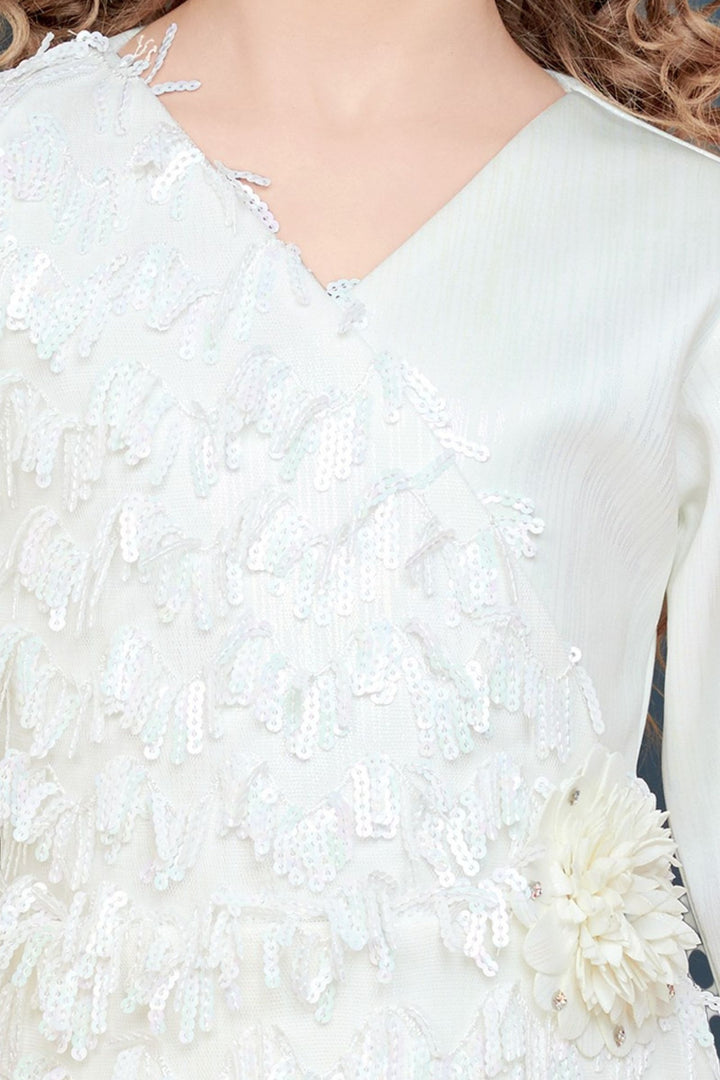 Half White Sequins work Partywear Short Frock for Girls