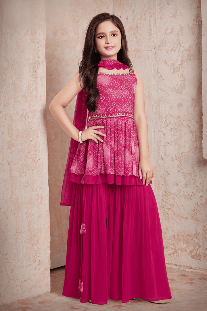 Rani Pink Bandini Print, Zari, Pearl, Stone and Mirror work Peplum Top and Sharara Set for Girls - Seasons Chennai