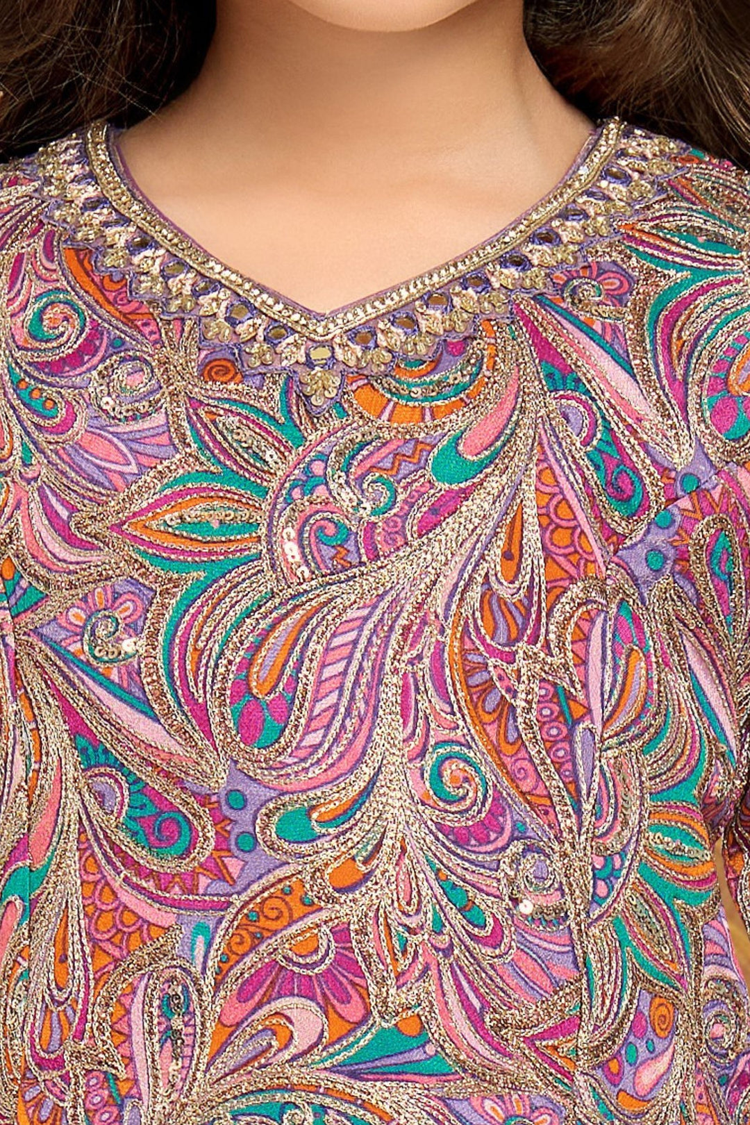 Lavender  Sequins and Mirror work with Multicolor Digital Print Palazzo Suit Set for Girls