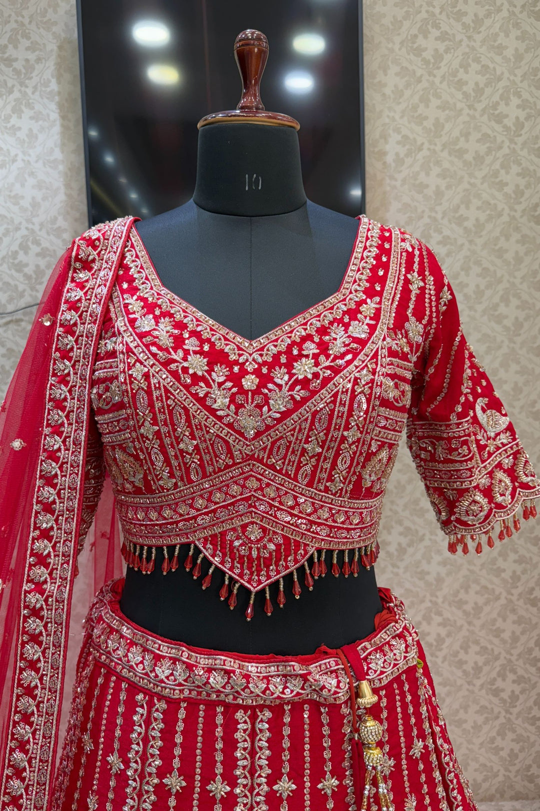 Red Beads, Zari, Zardozi, Thread and Sequins work Crop Top Designer Bridal Lehenga