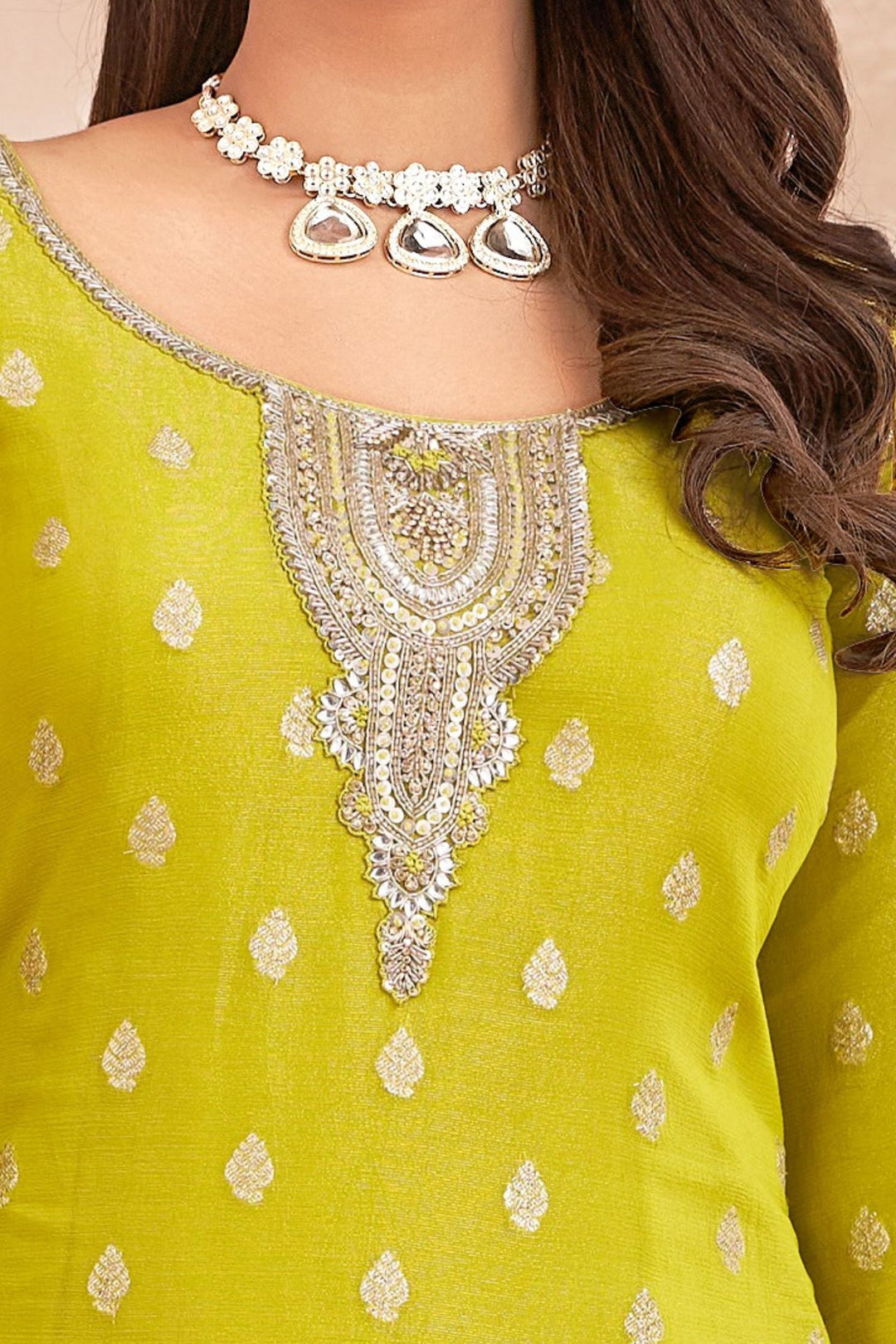 Liril Green Zari, Pearls, Stone, Zardozi and Mirror work Palazzo Salwar Suit