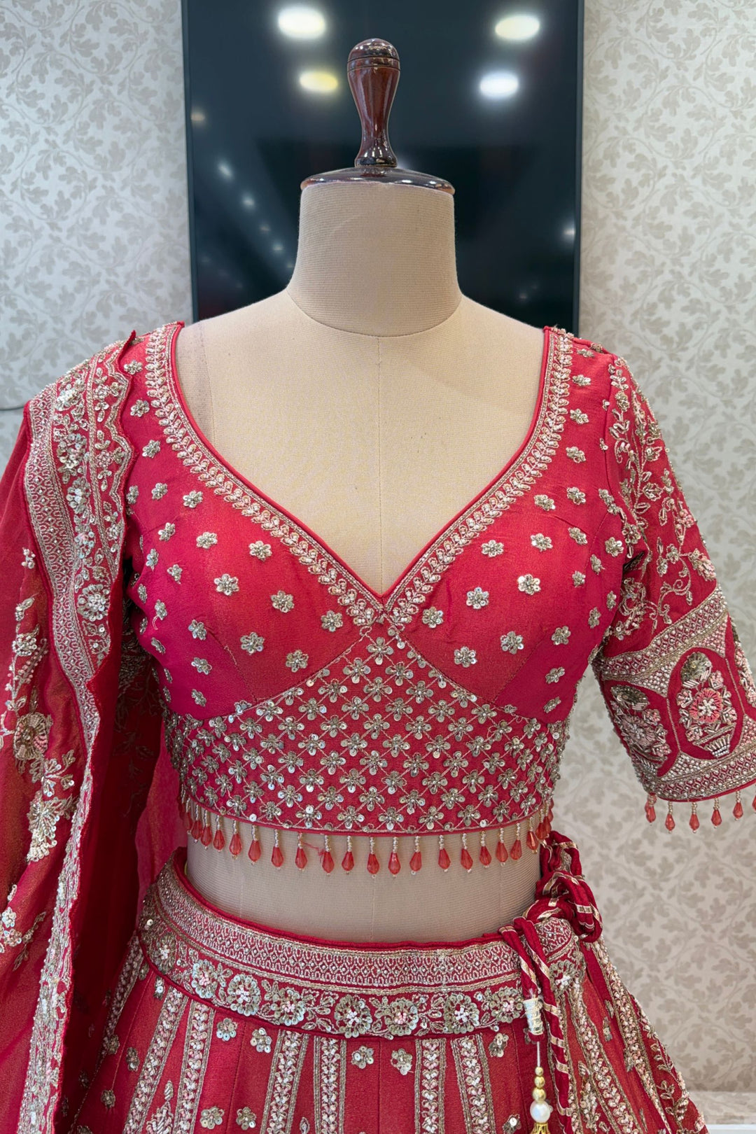 Coral Red Handworked Zardozi, Sequins, Pearl and Beads work Crop Top Designer Bridal Lehenga