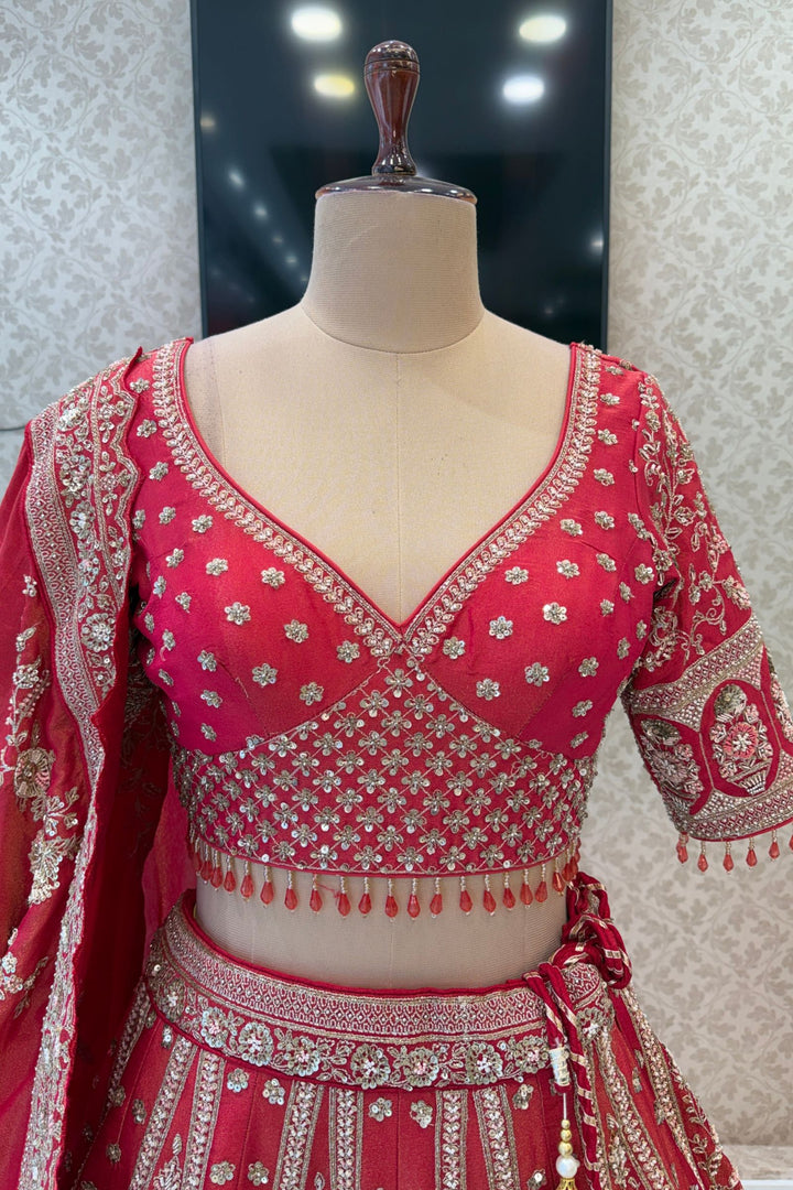 Coral Red Handworked Zardozi, Sequins, Pearl and Beads work Crop Top Designer Bridal Lehenga