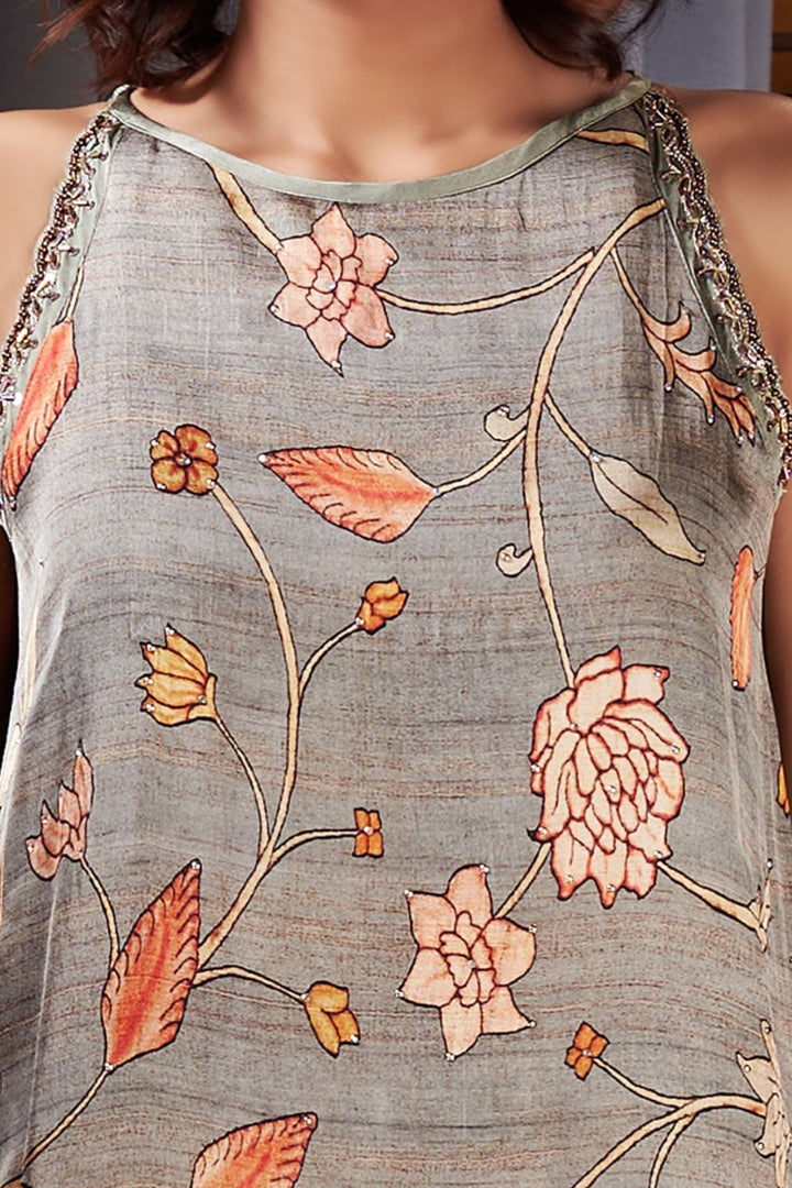 Grey Stone, Beads and Zari work with Digital Print Top with  Harem Pant Set