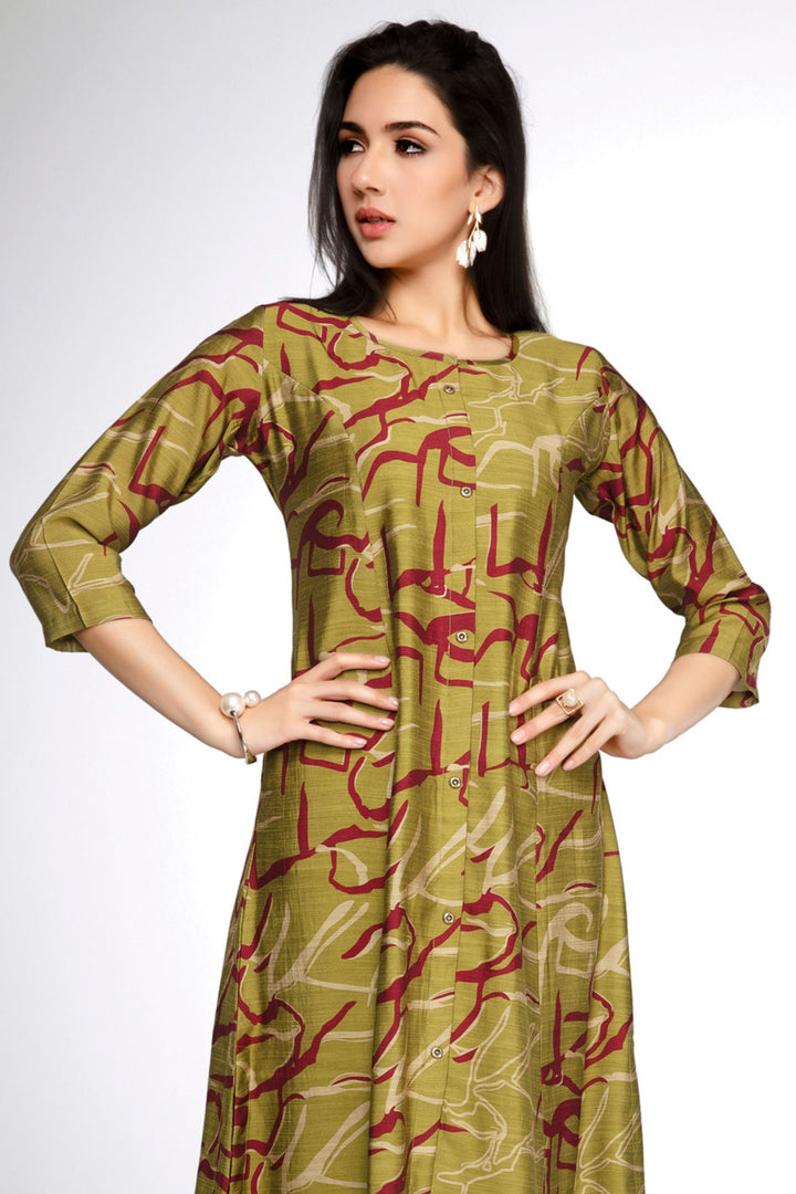 Mehendi Green Abstract Print A-Line Cut Calf Length Kurti