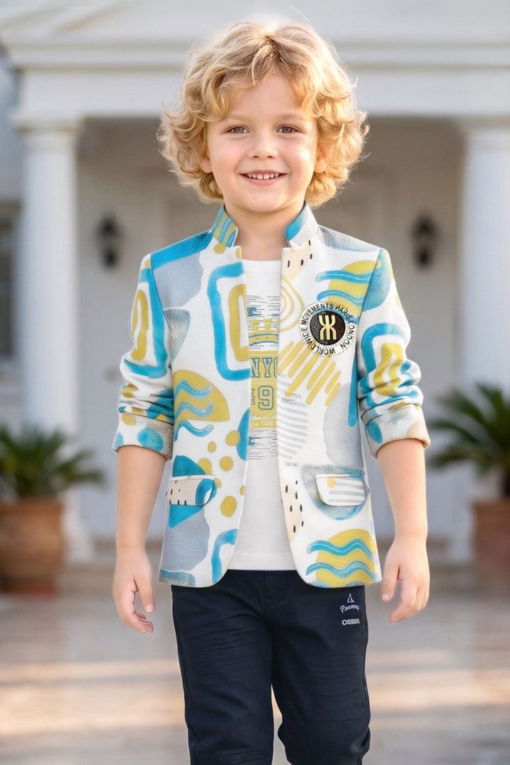 Cream Boys Printed Blazer Set with Cream T-Shirt and Navy Blue Pants
