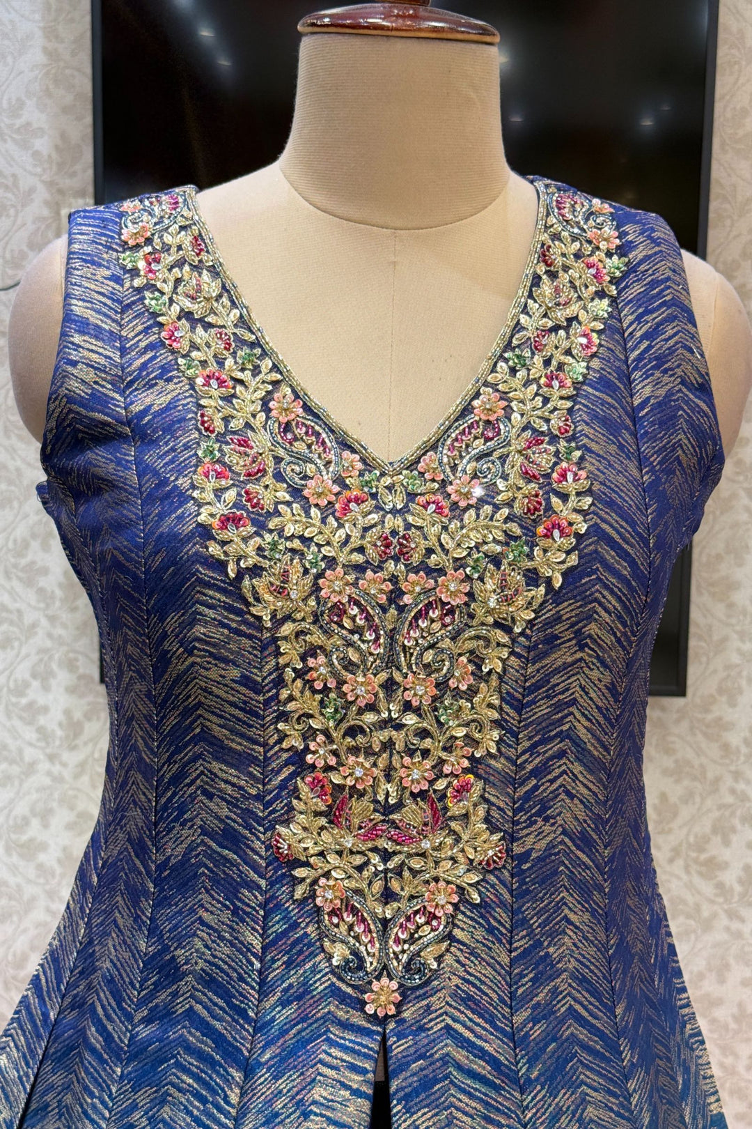 Blue with Rama Green Banaras work Mastani Styled Long Top Lehenga