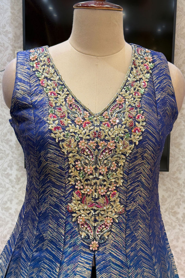 Blue with Rama Green Banaras work Mastani Styled Long Top Lehenga