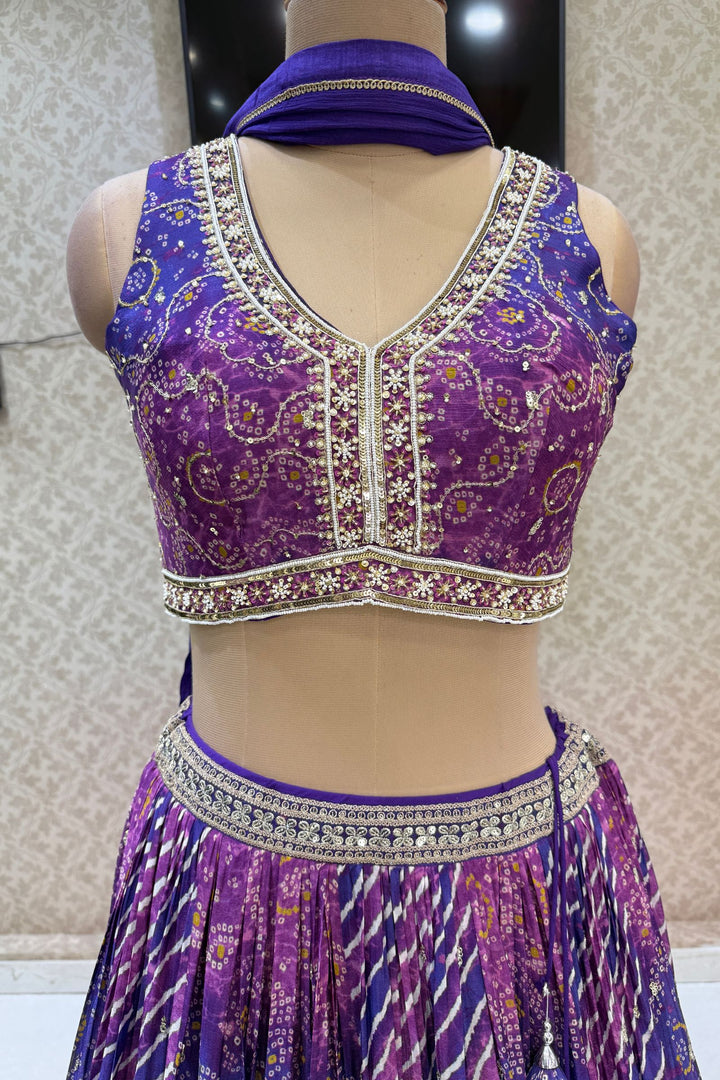 Purple Zari, Sequins and Beads work with Bandini and Leheriya Print Crop Top Lehenga