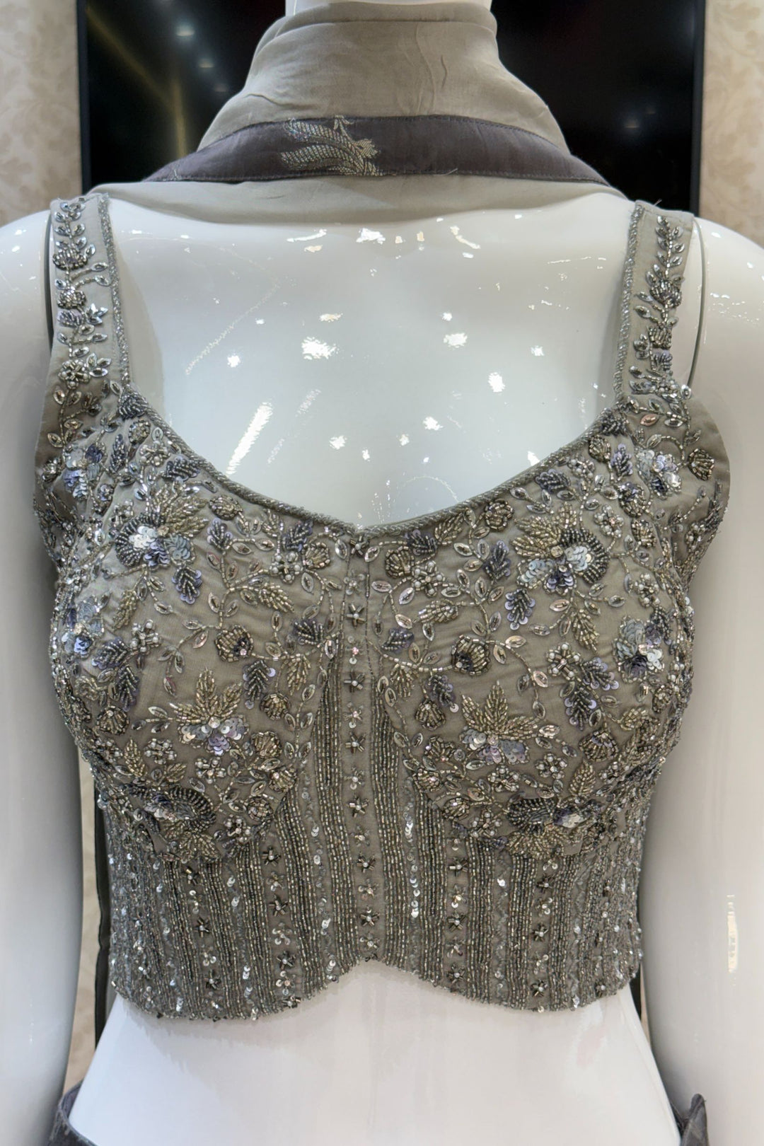 Grey Beads, Sequins, Pearls, Stone and banaras work Crop Top with Palazzo Pant