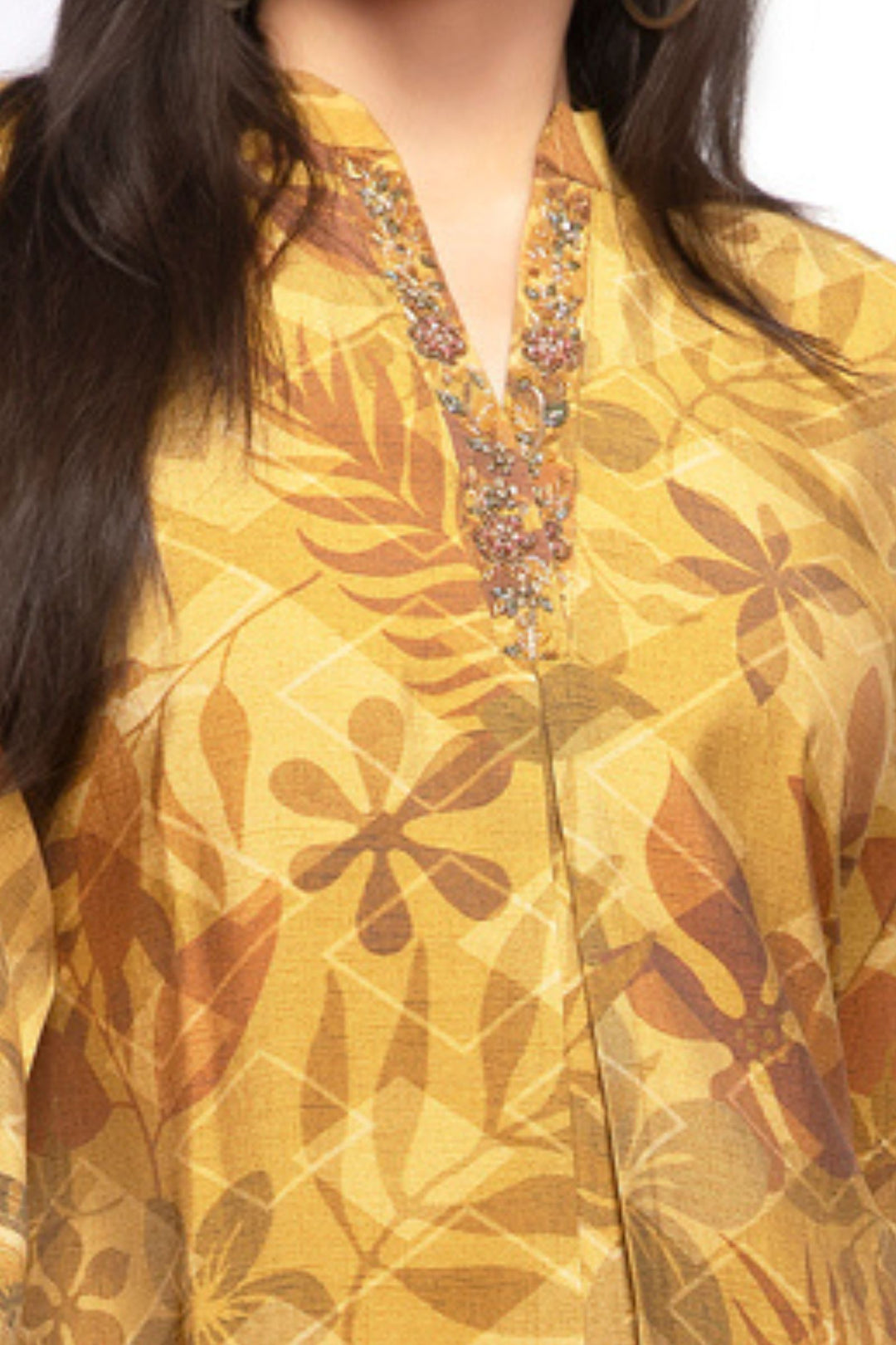 Mustard Beads, Sequins and Zardozi work with Digital Print A-Line Cut Calf Length Kurti