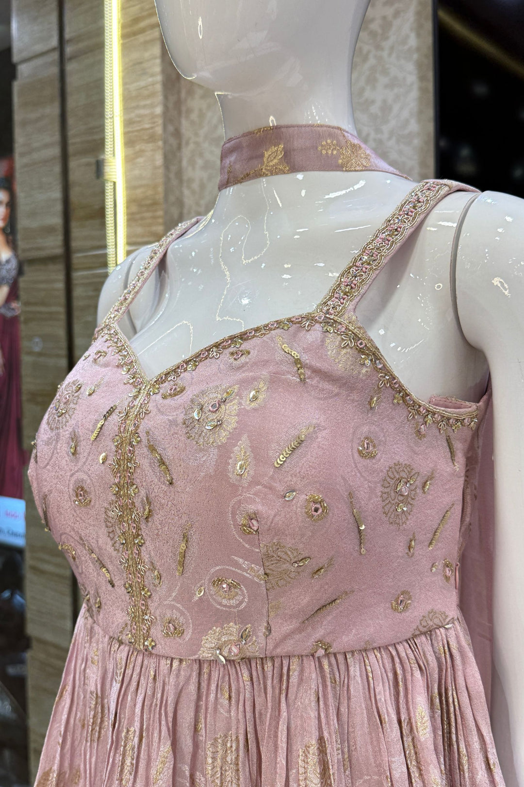Baby Pink Banaras, Beads, Zardozi, Stone and Mirror work Peplum Top with Palazzo Suit Set