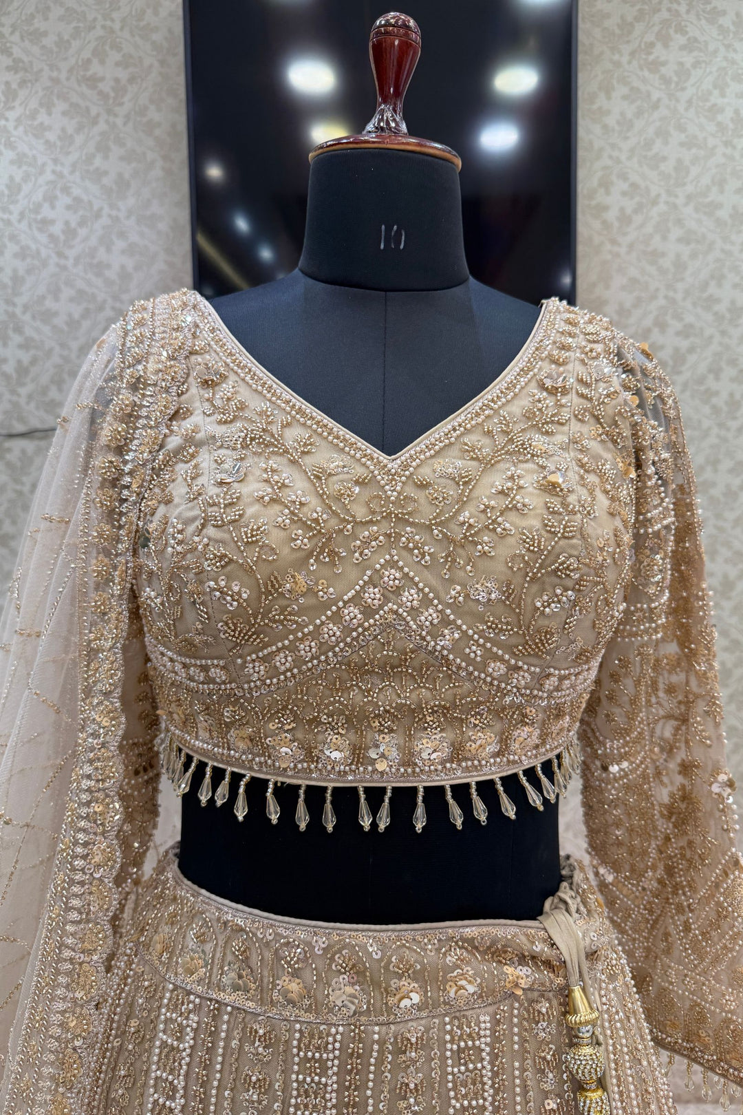 Beige Sequins, Pearl and Zari work Flared Lehenga Set with Peacock Motifs