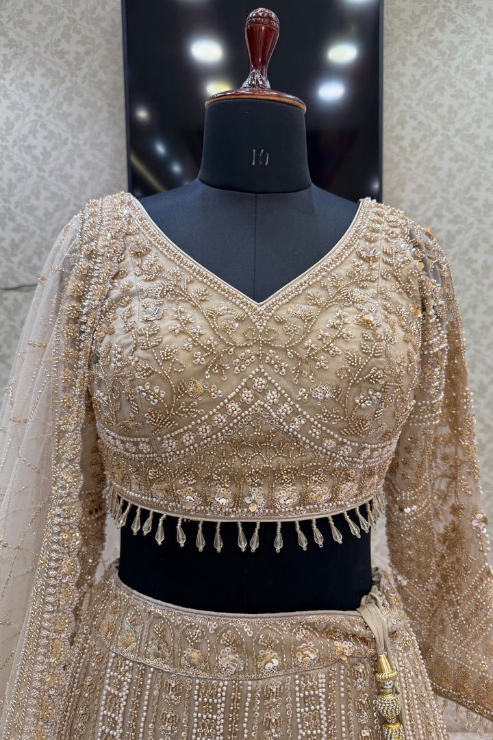 Beige Sequins, Pearl and Zari work Flared Lehenga Set with Peacock Motifs