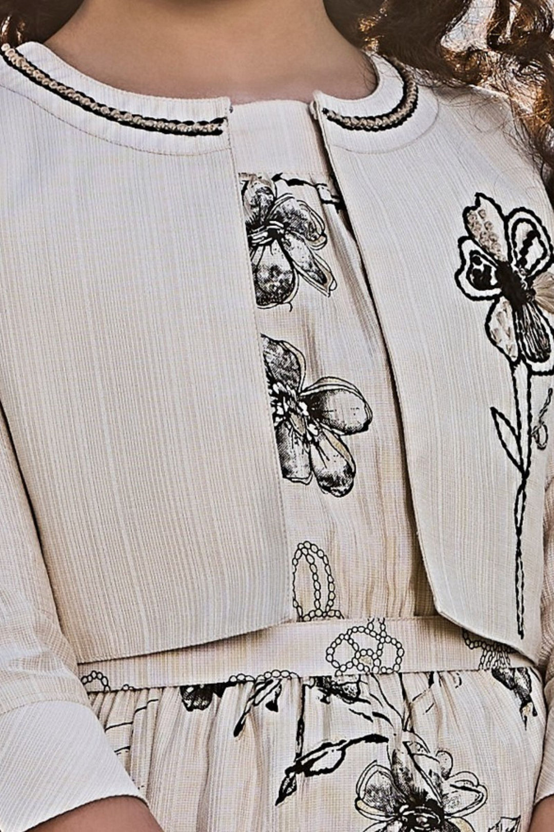 Cream with Digital Print Jacket Styled Short Frock For Girls