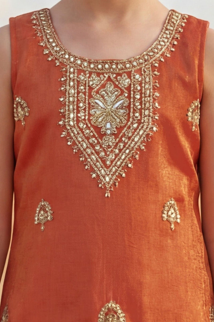 Orange Beads, Zari and Thread work Palazzo Suit Set for Girls
