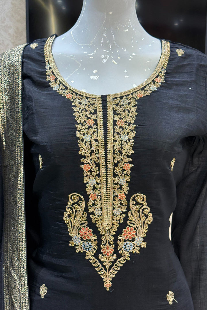 Black Beads, Zari, Sequins and Thread work with Floral Print Straight Cut Salwar Suit