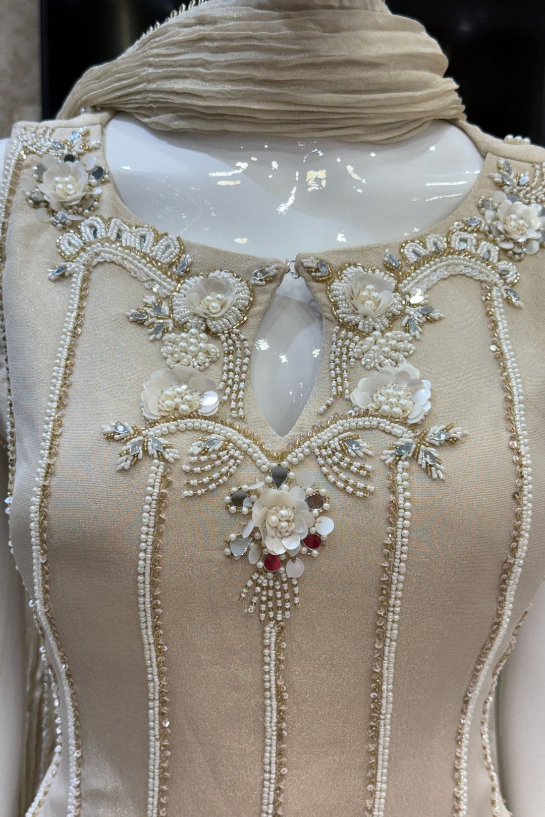 Beige Pearl, Sequins, Beads and Mirror work Top with Flared Palazzo Set