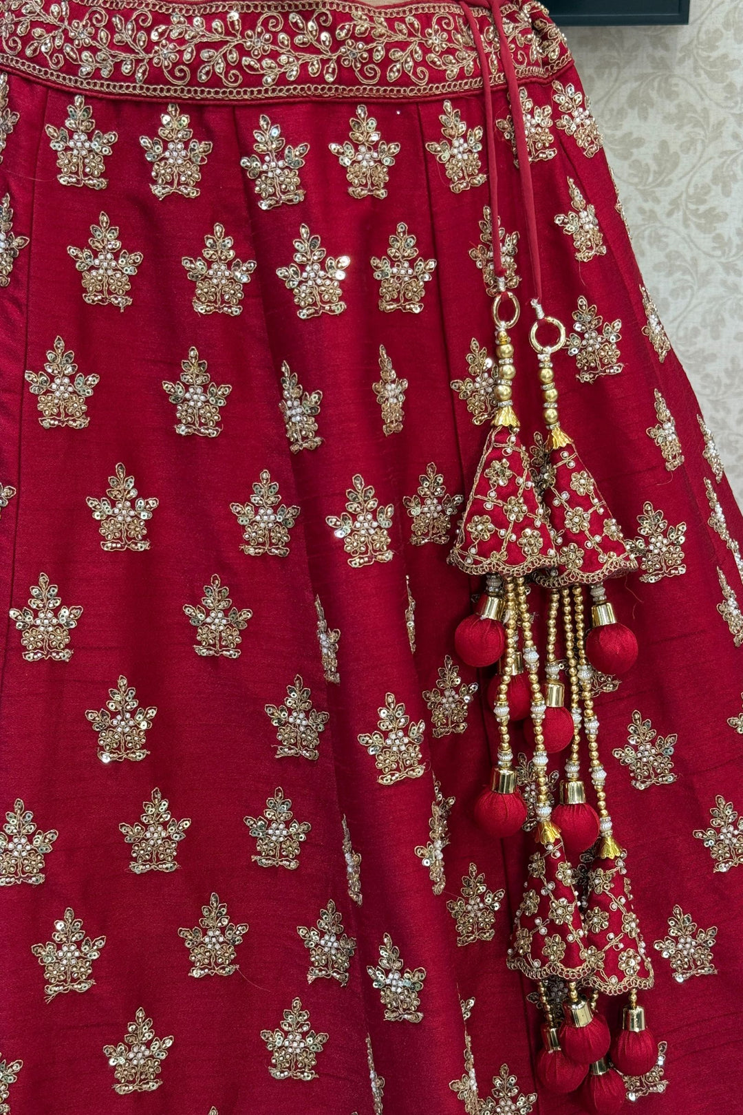 Maroon Beads, Zari, Zardozi and Sequins work Crop Top Designer Bridal Lehenga with Belt