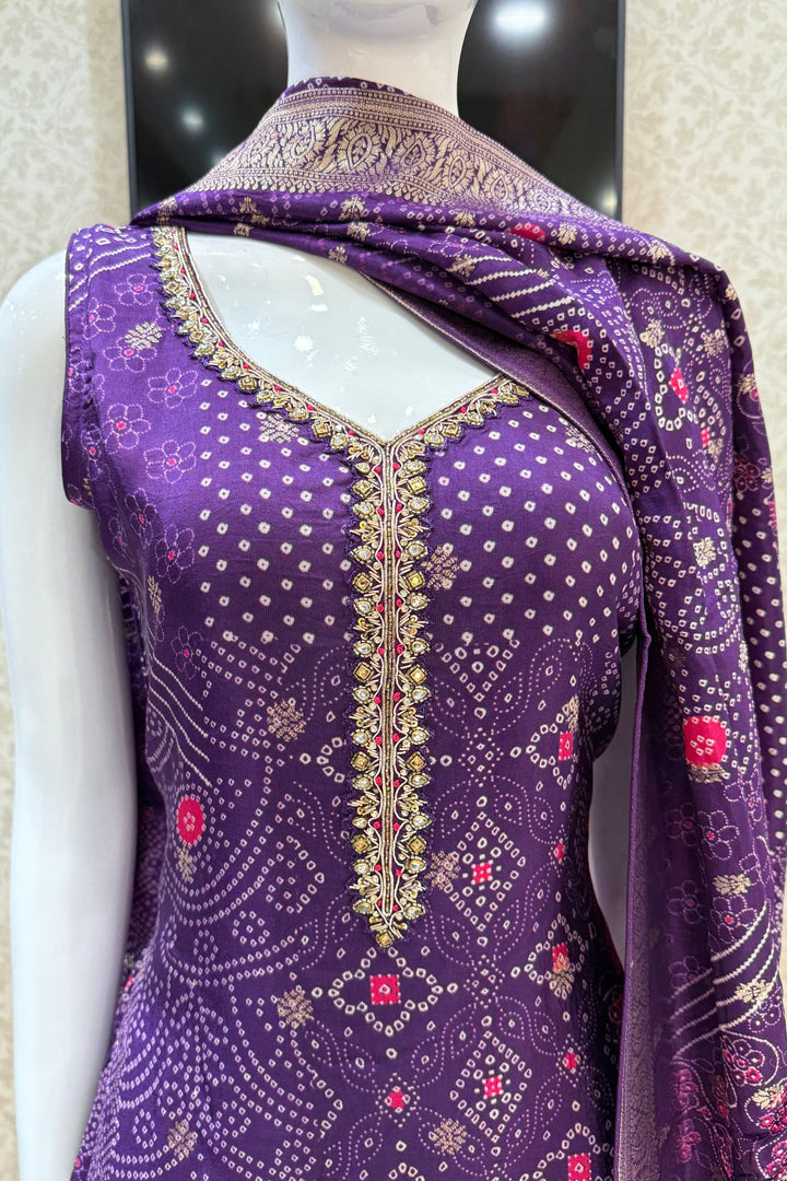 Purple Mirror, Kundan and Banaras work with Bandini Print Straight Cut Salwar Suit