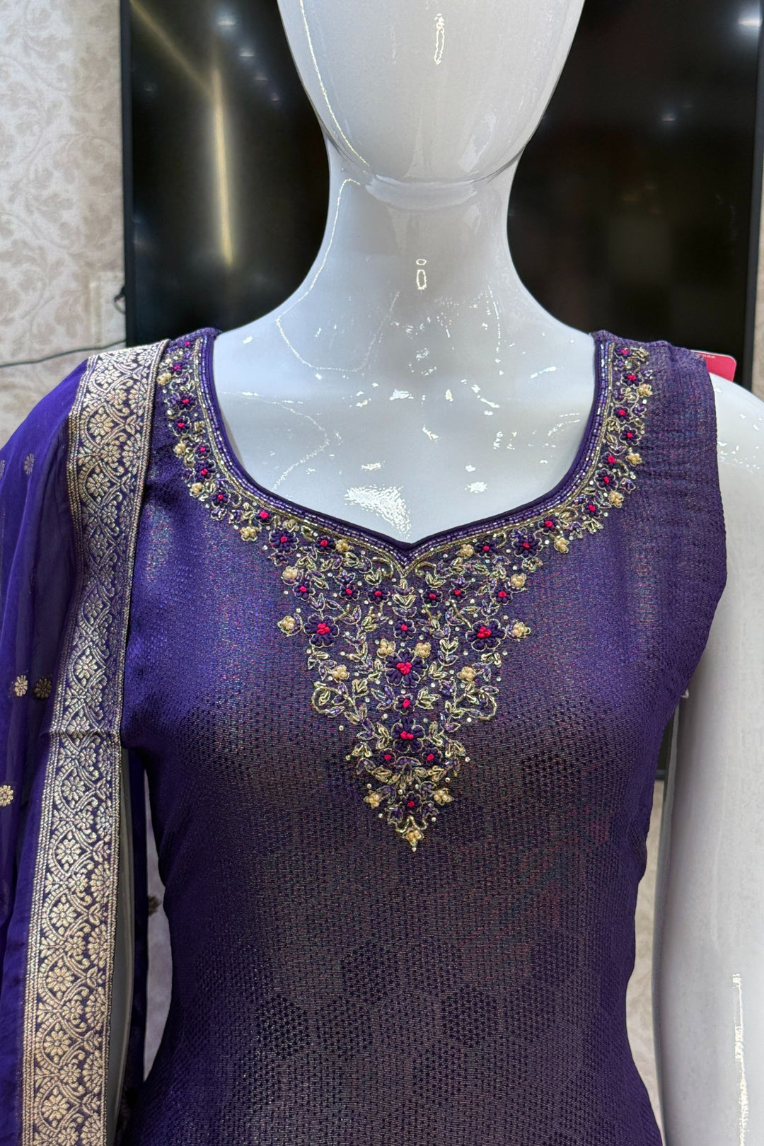 Purple Jacquard, Zari, Zardozi, Beads, Stone and Thread work Straight Cut Salwar Suit