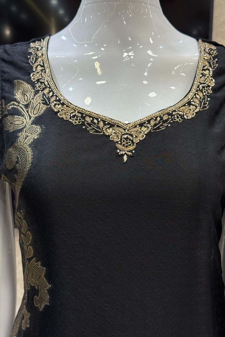 Black Banaras, Stone, Zardozi, Beads and Zari work Straight Cut Salwar Suit