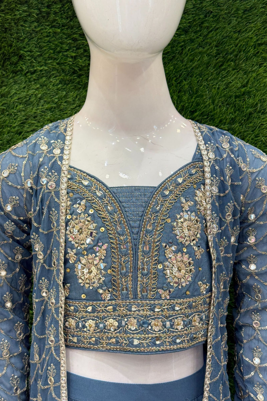 Grey Sequins, Mirror, Zari and Stone work Overcoat Styled Palazzo Set For Girls