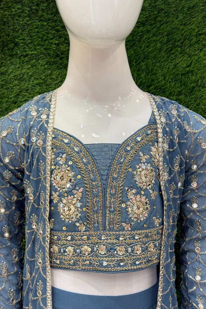 Grey Sequins, Mirror, Zari and Stone work Overcoat Styled Palazzo Set For Girls