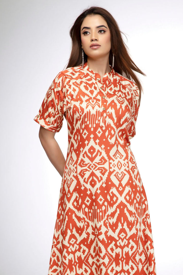 Rust Orange and Ivory Ikat Print A-Line Kurta Set