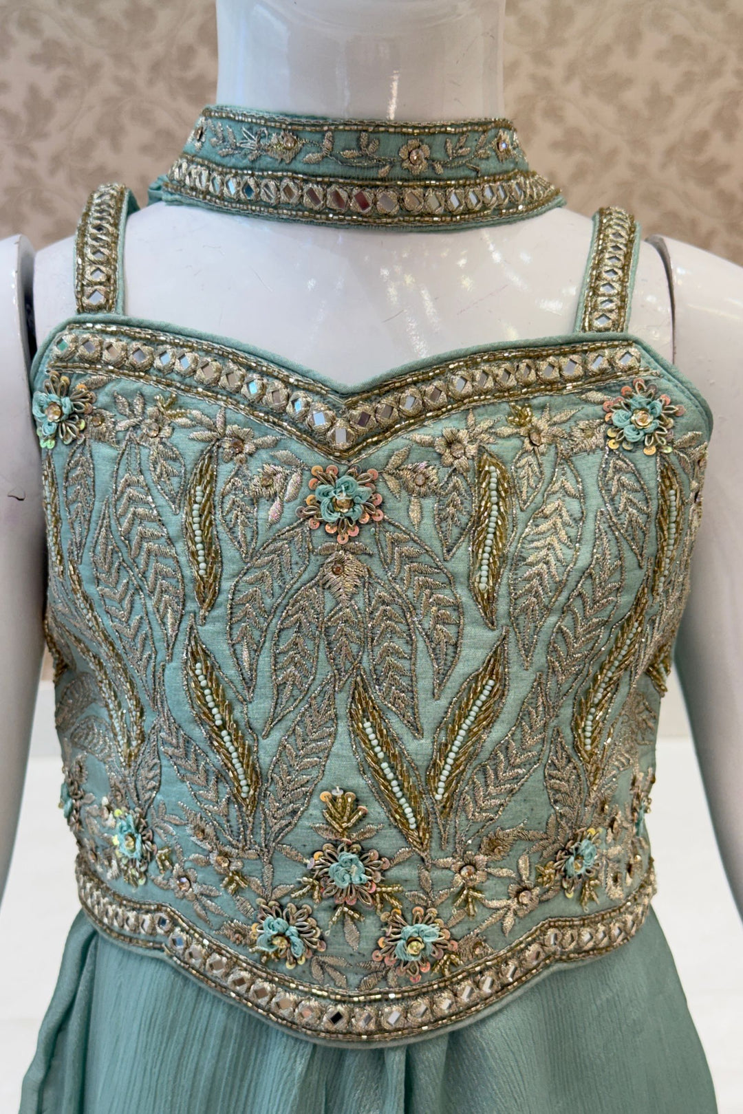 Sea Green Zari, Beads, Mirror and Zardozi work Palazzo Suit Set for Girls