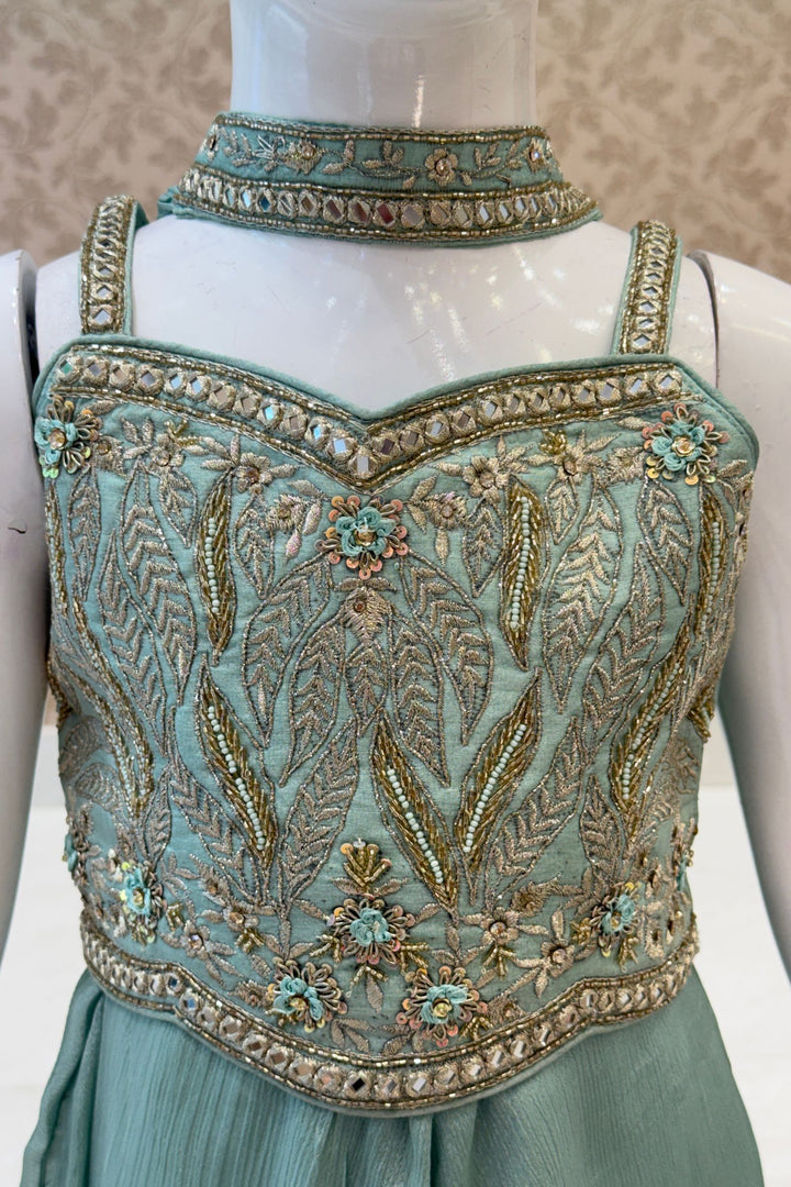 Sea Green Zari, Beads, Mirror and Zardozi work Palazzo Suit Set for Girls