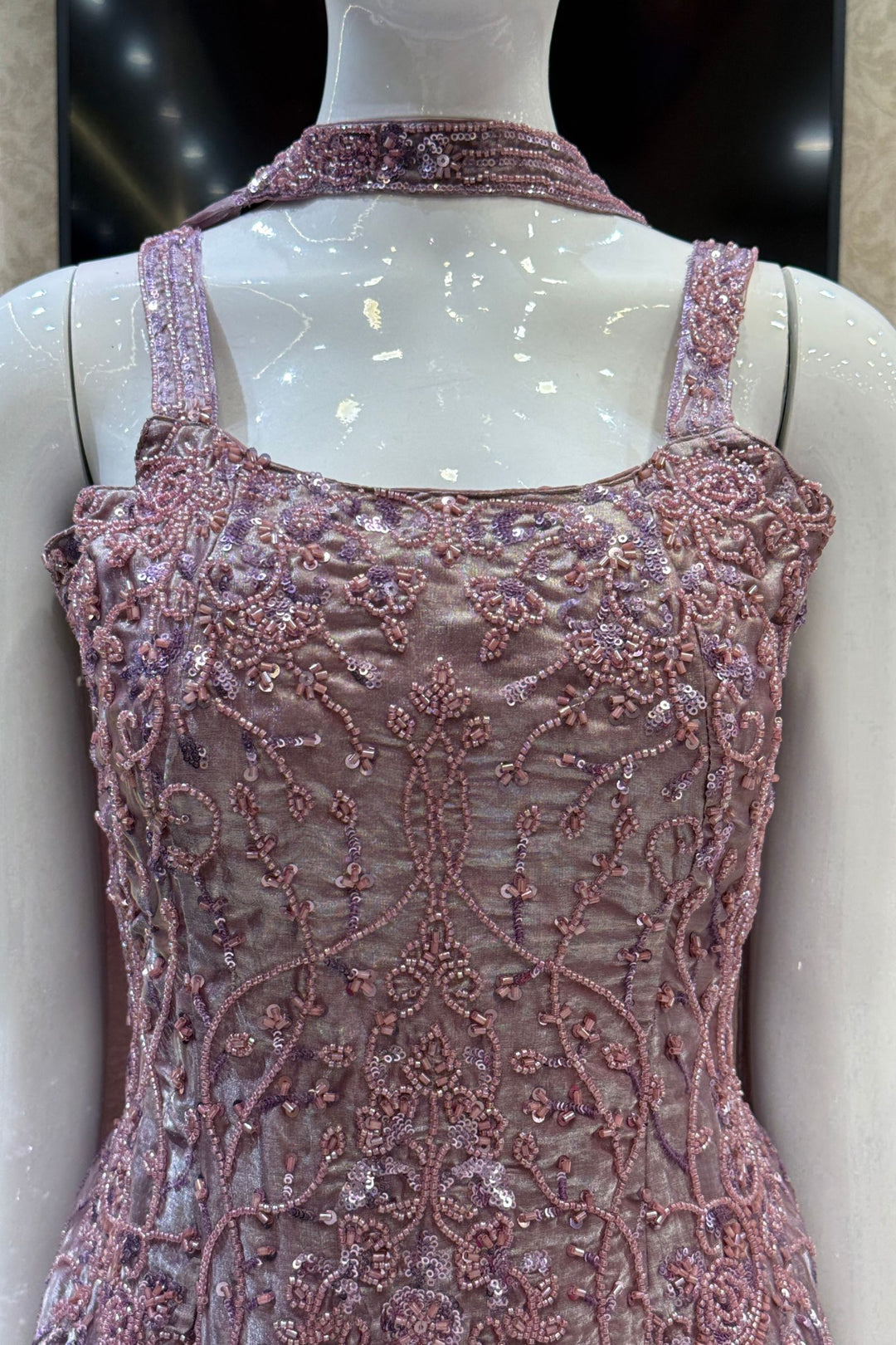 Onion Pink Peplum Palazzo Set with Intricate Beads and Sequins work