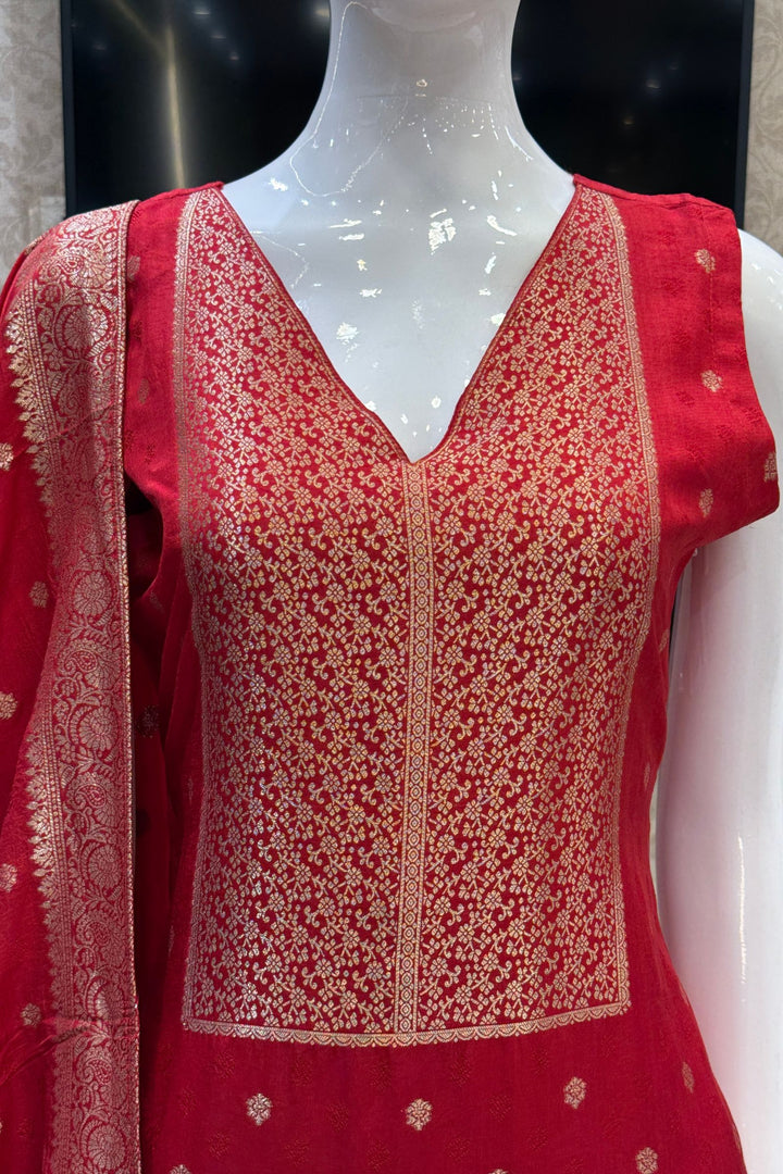 Red Banaras work V-Neck Straight Cut Salwar Suit