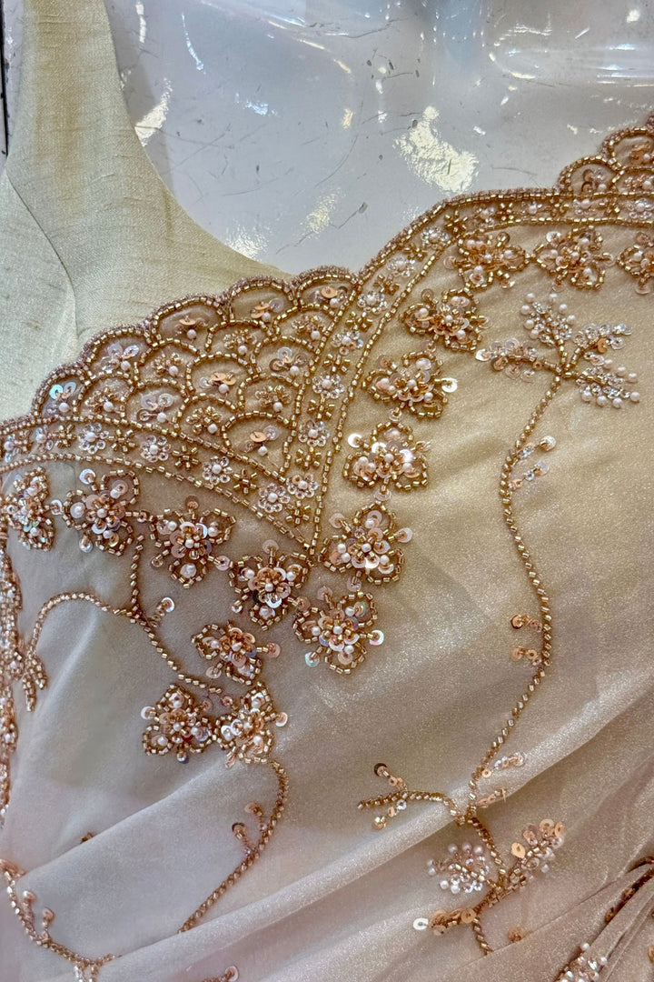 Chiku Saree with Intricate Sequin &amp; Beaded Embroidery and Scalloped Border