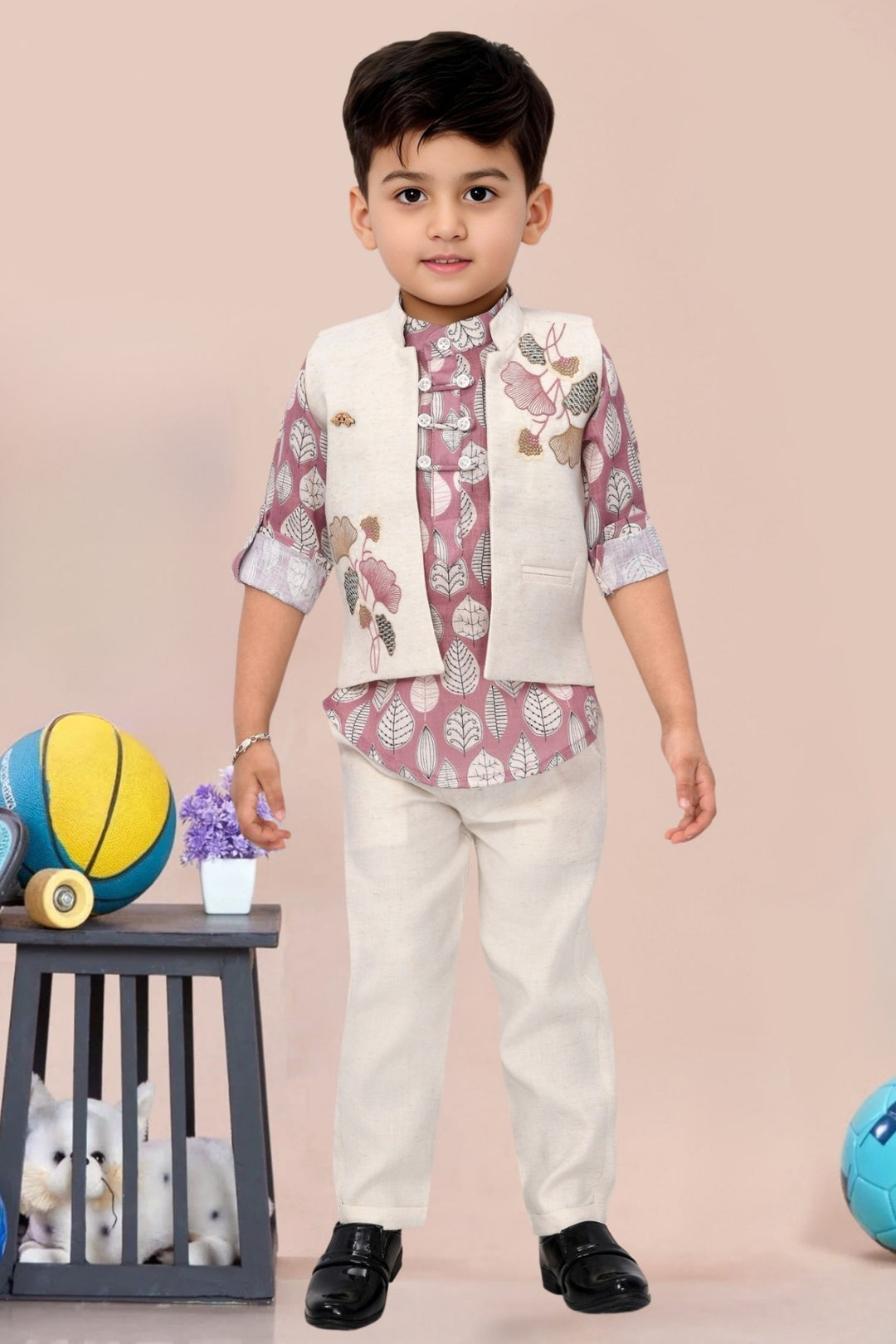 Onion Pink Printed Kurta with Half White Waistcoat for Boys
