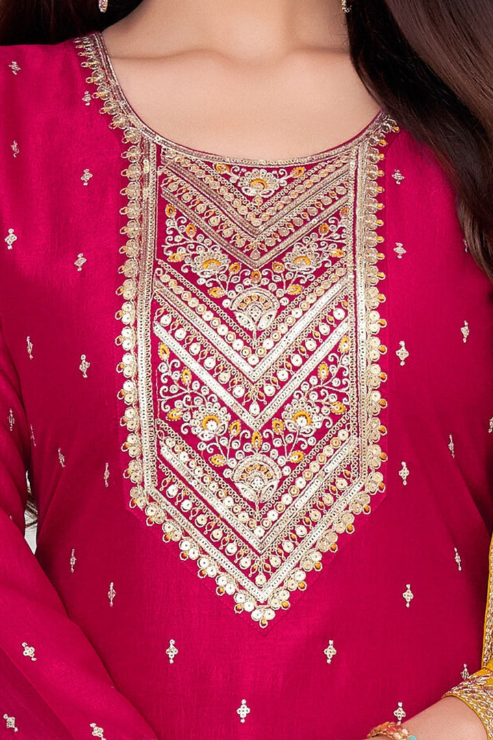 Rani Pink Sequins, Zari and Thread work Straight Cut Salwar Suit