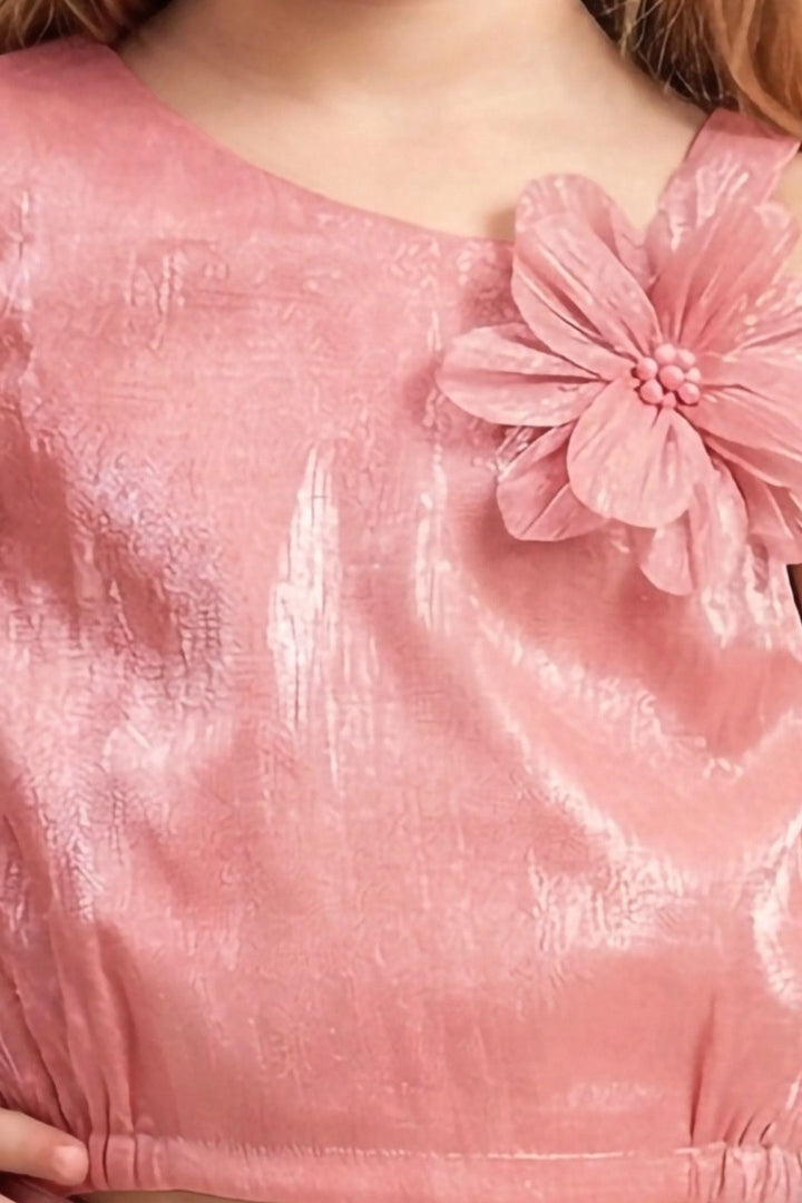 Peach Top and Cream Zari work with Digital Print Skirt for Girls