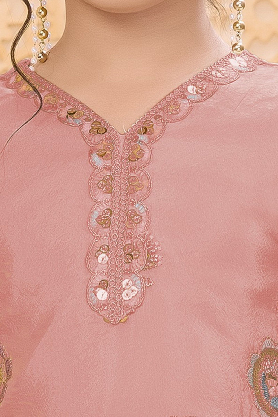 Peach Sequins, Zari and Multicolor Thread work Palazzo Suit Set for Girls