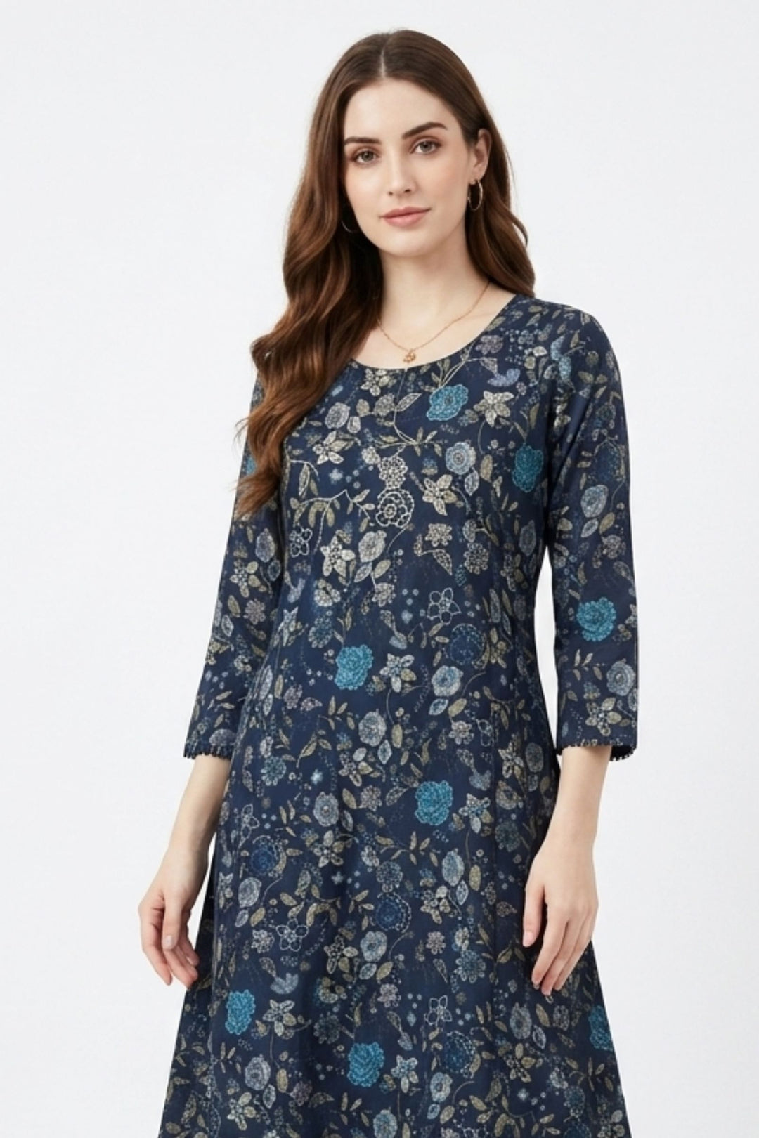 Navy Blue Embroidery and Stone work with Floral Print A-Line Cut Calf Length Kurti
