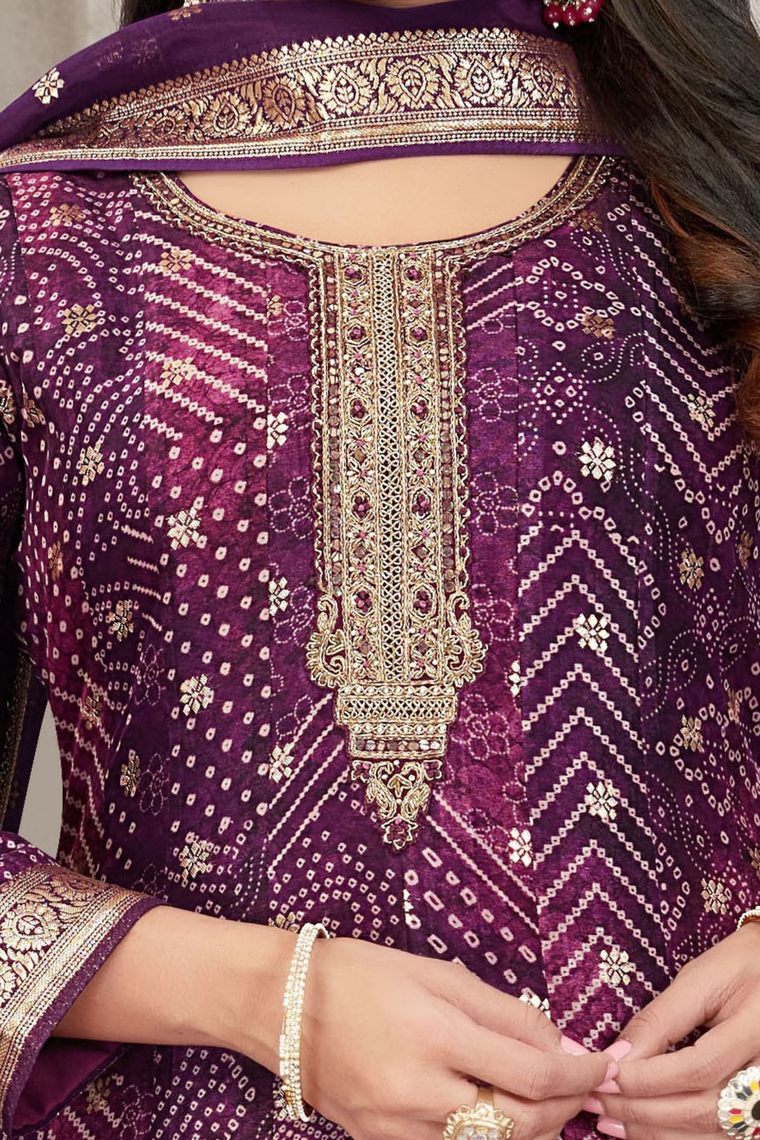 Purple Banaras, Zari, Zardozi and Mirror work with Bandini Print Anarkali Style Salwar