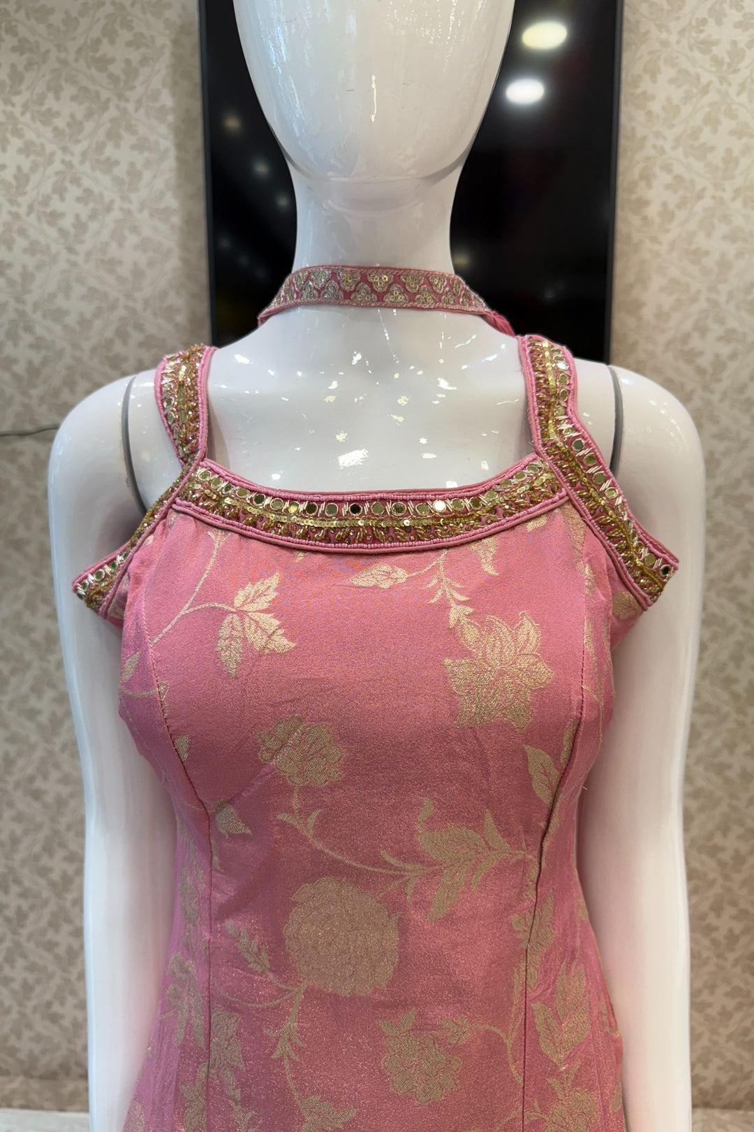 Light Pink Banaras Zari, Mirror, Zardozi, Sequins, Stone and Beads work Palazzo Salwar Suit