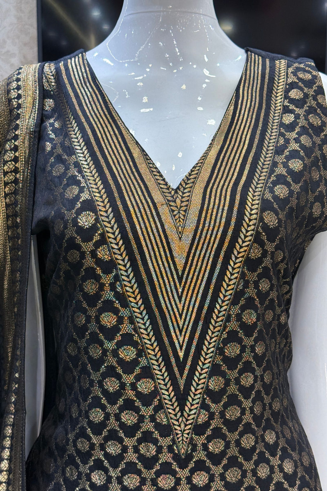 Black Banaras work V-Neck Straight Cut Salwar Suit