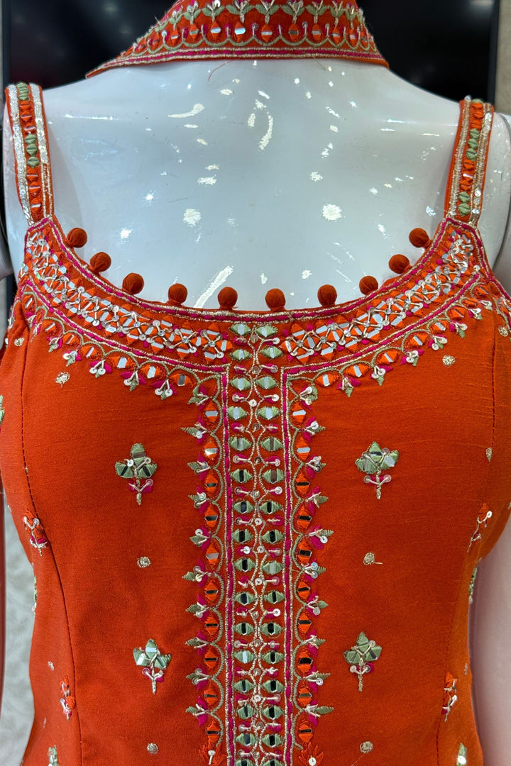 Mirror, Sequins, Zardozi and Thread Detail on Orange Festive Kurta with Palazzo Set