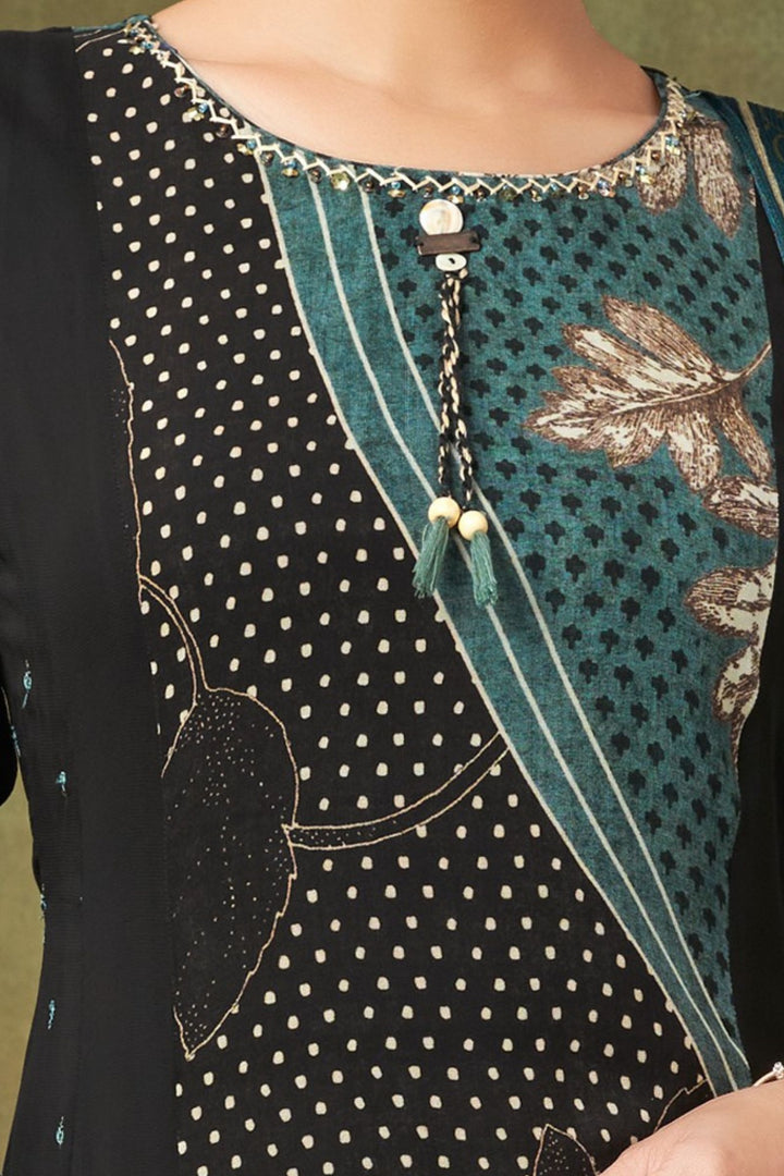 Black Sequins and Thread work with Digital Print Straight Cut Salwar Suit