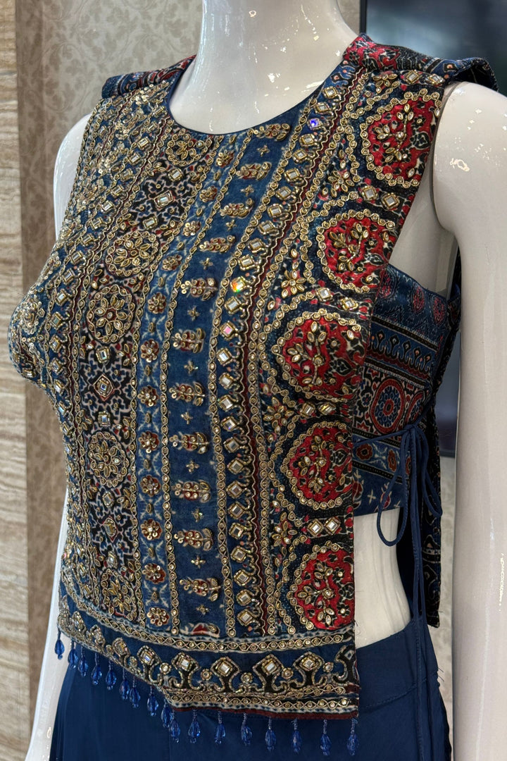 Indigo Blue Indo-Western Styled Ajrak Print, Kundan, Zardozi and Beads work Palazzo Set