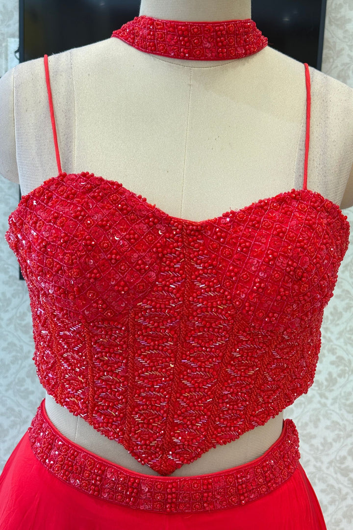 Red Beads and Sequins work Crop Top Lehenga