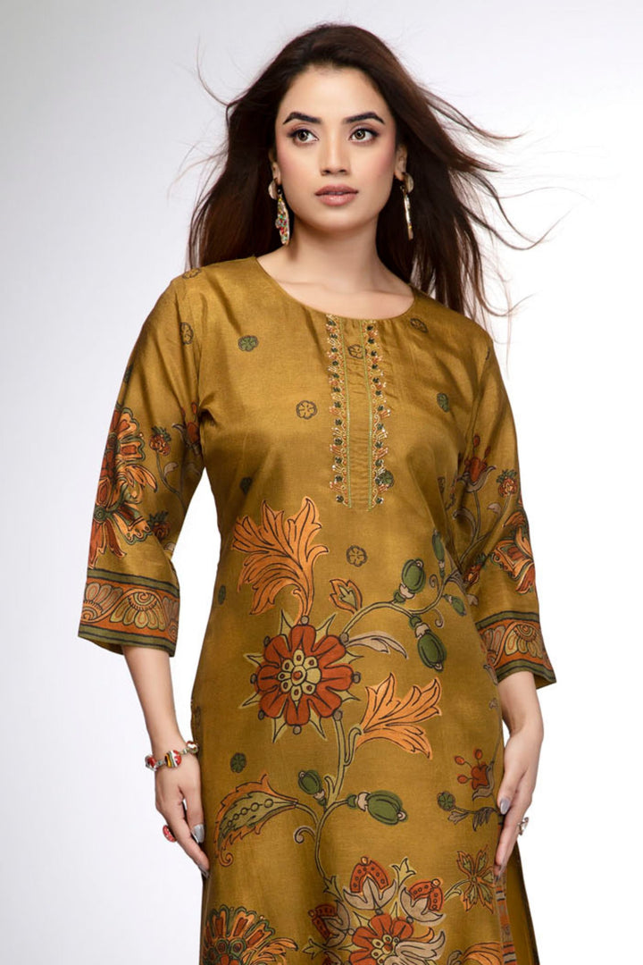Mehendi Green Floral Printed Straight Kurta