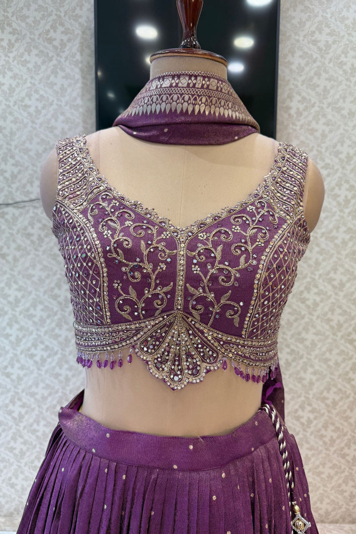 Purple Mirror, Stone, Beads, Zardozi, Zari, Sequins and Banaras work Crop Top Lehenga